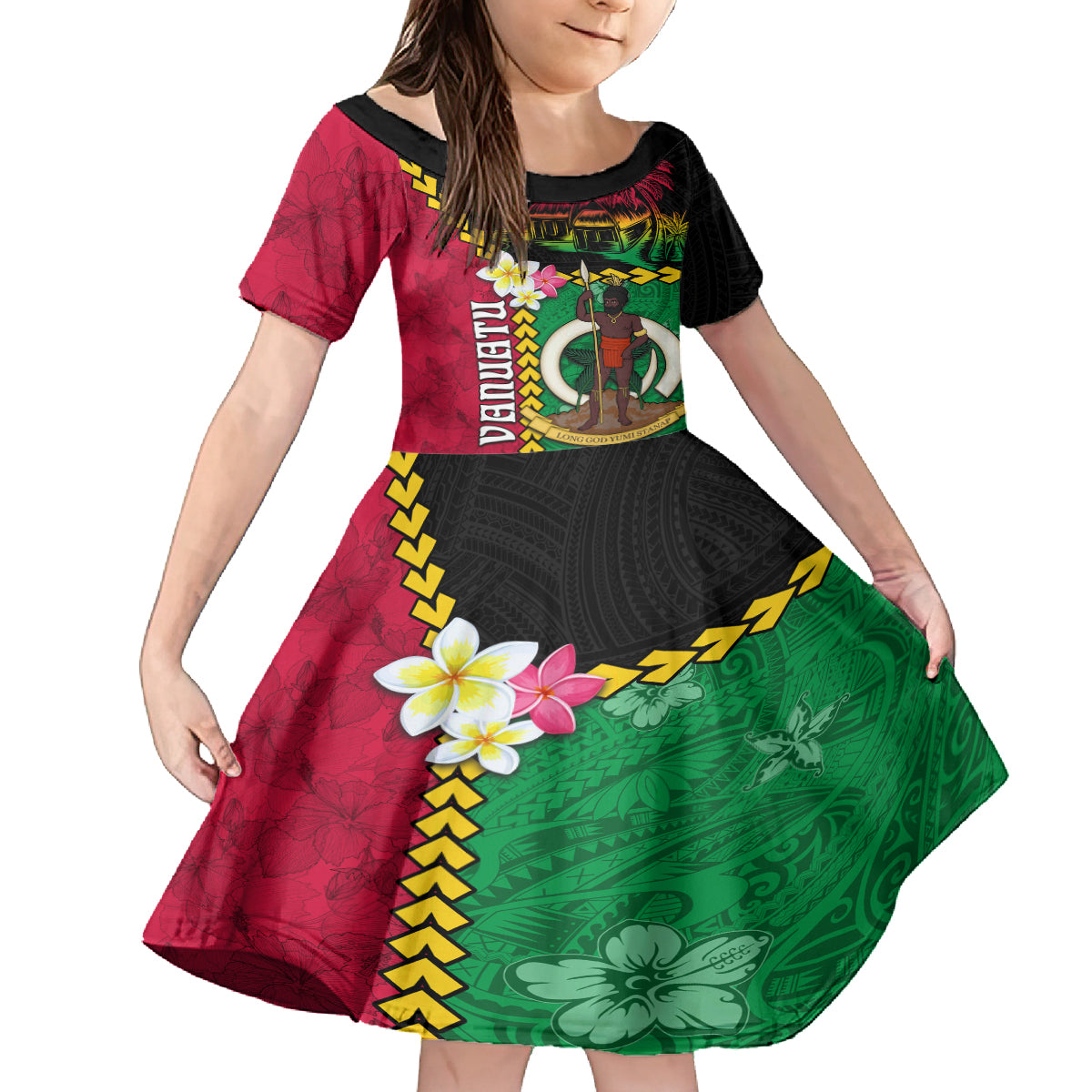 Vanuatu Nakamal and Plumeria Flowers Family Matching Off The Shoulder Long Sleeve Dress and Hawaiian Shirt Polynesian Pattern LT03 Daughter's Dress Black - Polynesian Pride