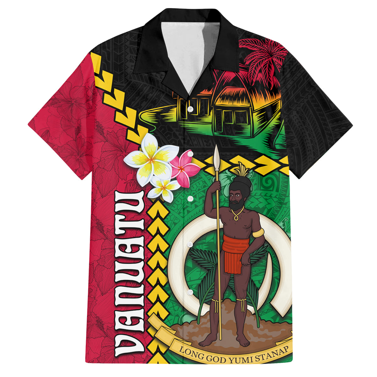 Vanuatu Nakamal and Plumeria Flowers Family Matching Off The Shoulder Long Sleeve Dress and Hawaiian Shirt Polynesian Pattern LT03 Dad's Shirt - Short Sleeve Black - Polynesian Pride