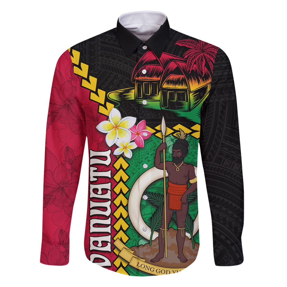 Vanuatu Nakamal and Plumeria Flowers Family Matching Off The Shoulder Long Sleeve Dress and Hawaiian Shirt Polynesian Pattern LT03 Dad's Shirt - Long Sleeve Black - Polynesian Pride