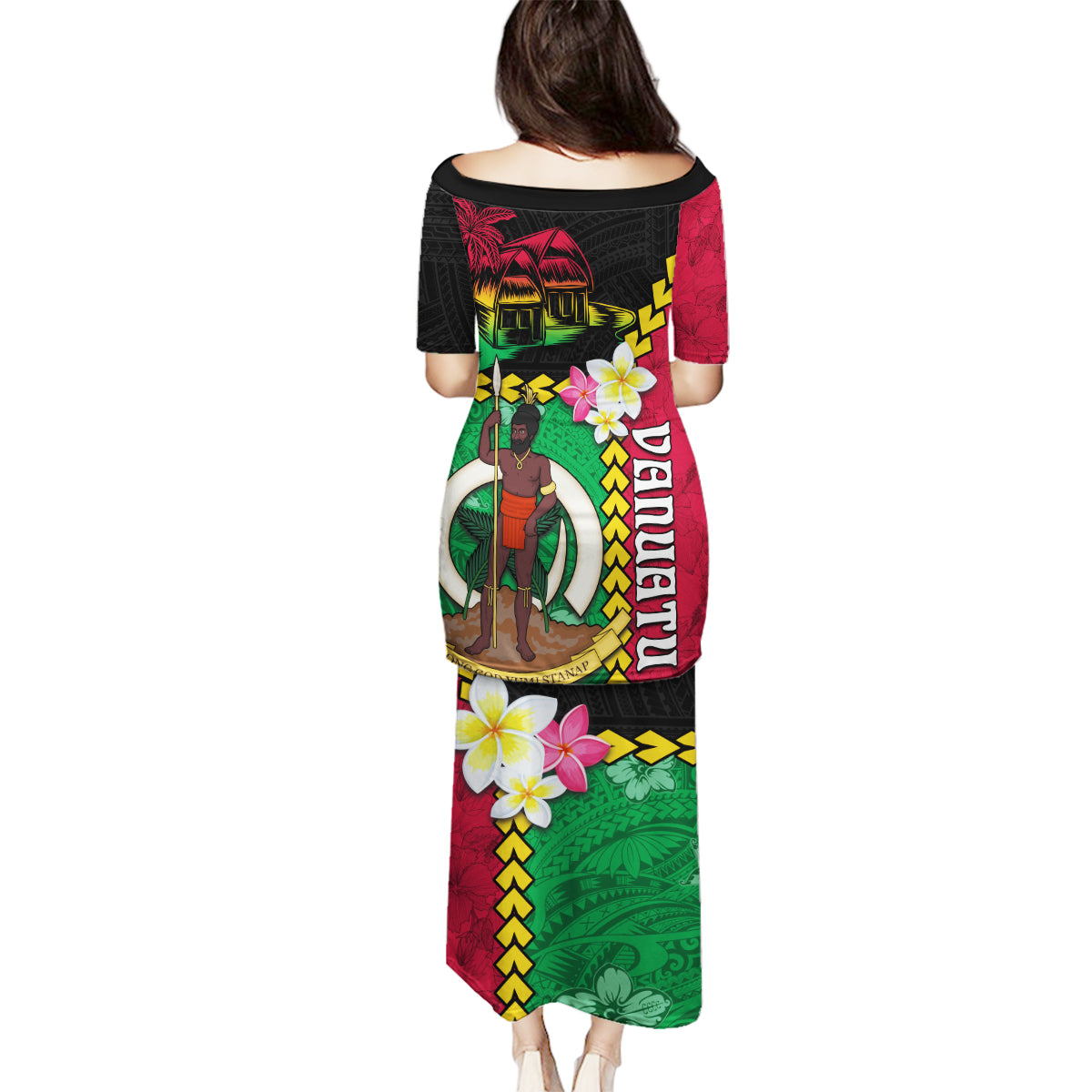 Vanuatu Nakamal and Plumeria Flowers Family Matching Puletasi and Hawaiian Shirt Polynesian Pattern