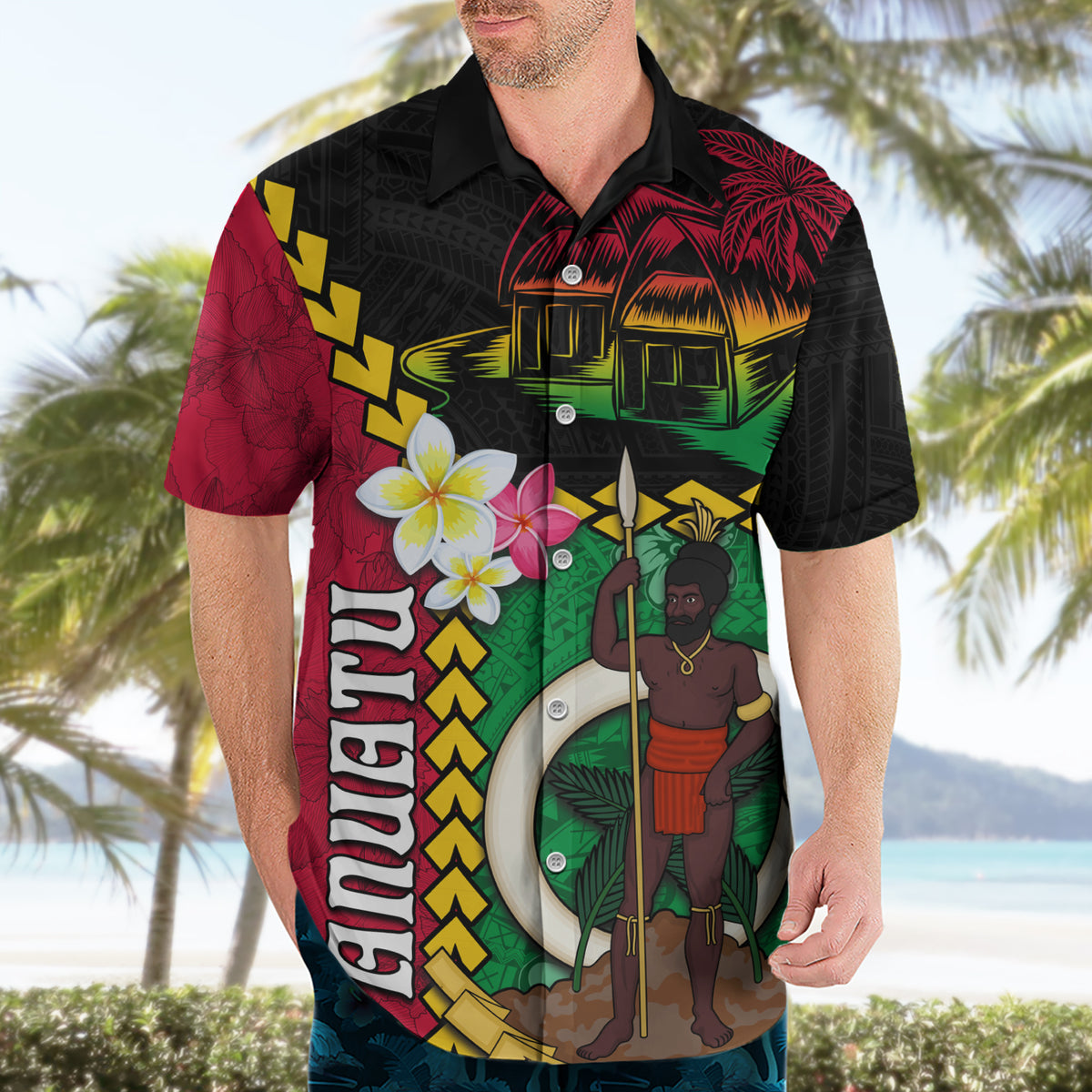 Vanuatu Nakamal and Plumeria Flowers Hawaiian Shirt Polynesian Pattern