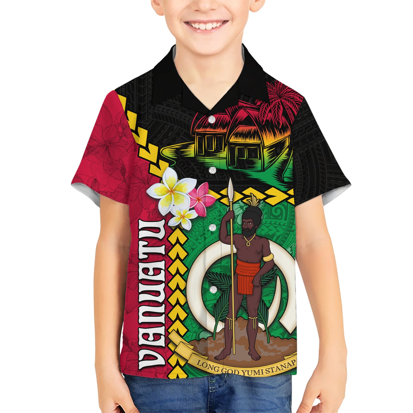 Vanuatu Nakamal and Plumeria Flowers Kid Hawaiian Shirt Polynesian Pattern