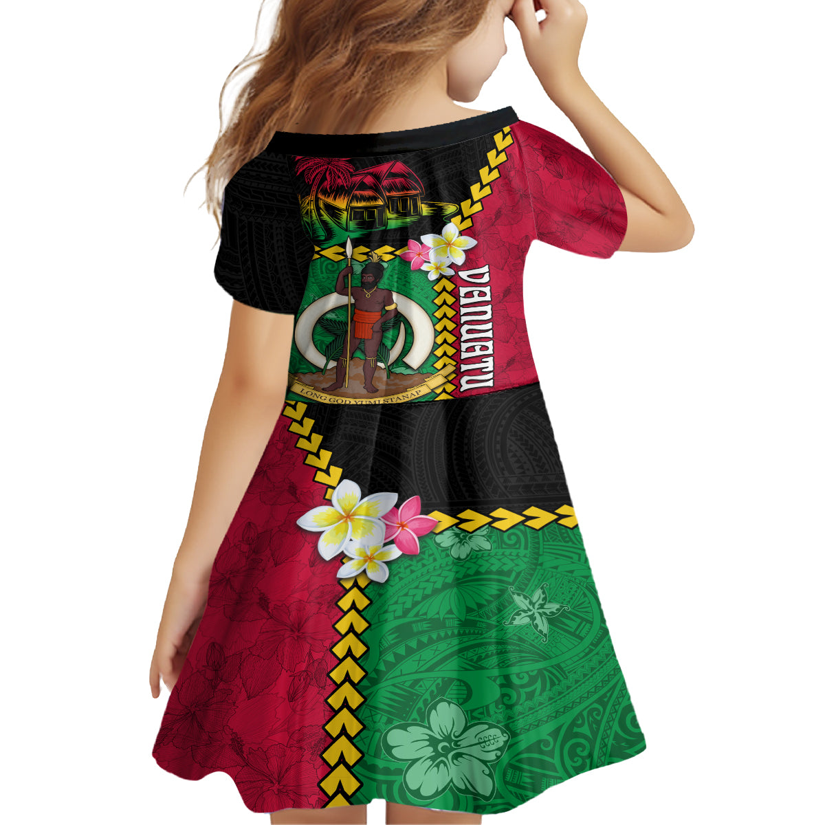Vanuatu Nakamal and Plumeria Flowers Kid Short Sleeve Dress Polynesian Pattern