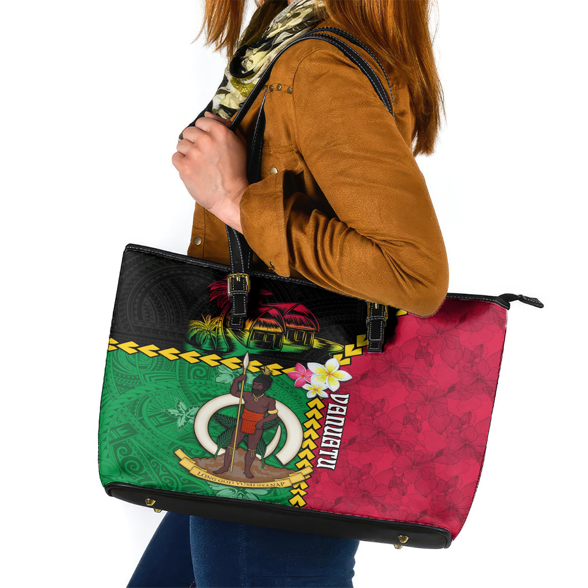Vanuatu Nakamal and Plumeria Flowers Leather Tote Bag Polynesian Pattern LT03 Black - Polynesian Pride