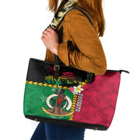 Vanuatu Nakamal and Plumeria Flowers Leather Tote Bag Polynesian Pattern LT03 Black - Polynesian Pride