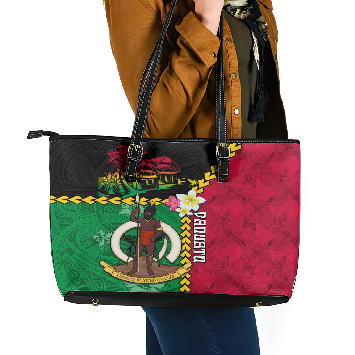 Vanuatu Nakamal and Plumeria Flowers Leather Tote Bag Polynesian Pattern LT03 - Polynesian Pride