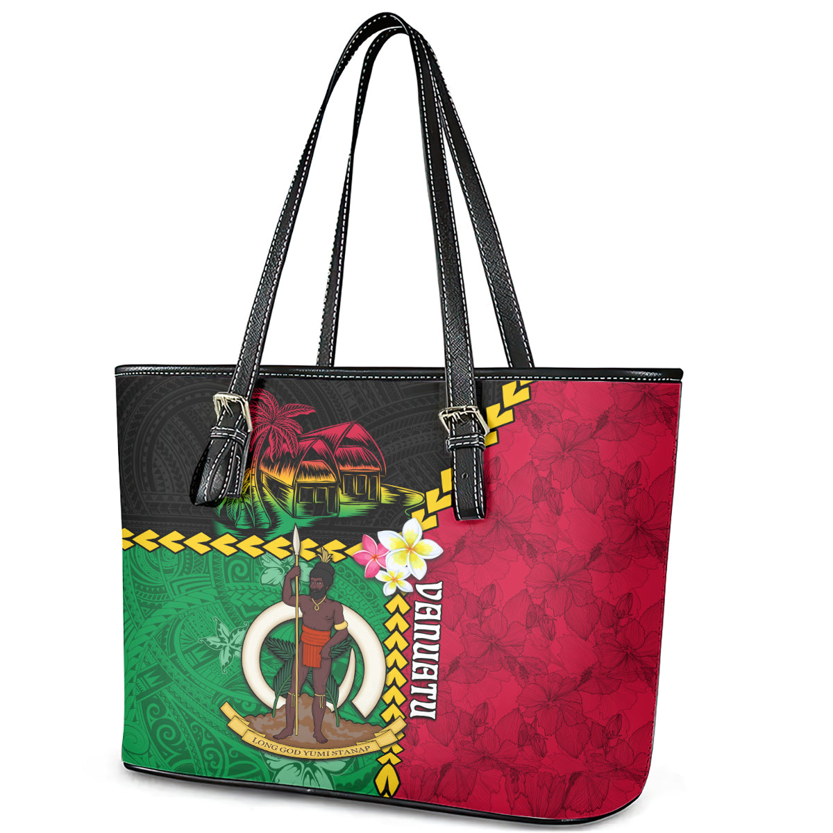 Vanuatu Nakamal and Plumeria Flowers Leather Tote Bag Polynesian Pattern LT03 - Polynesian Pride
