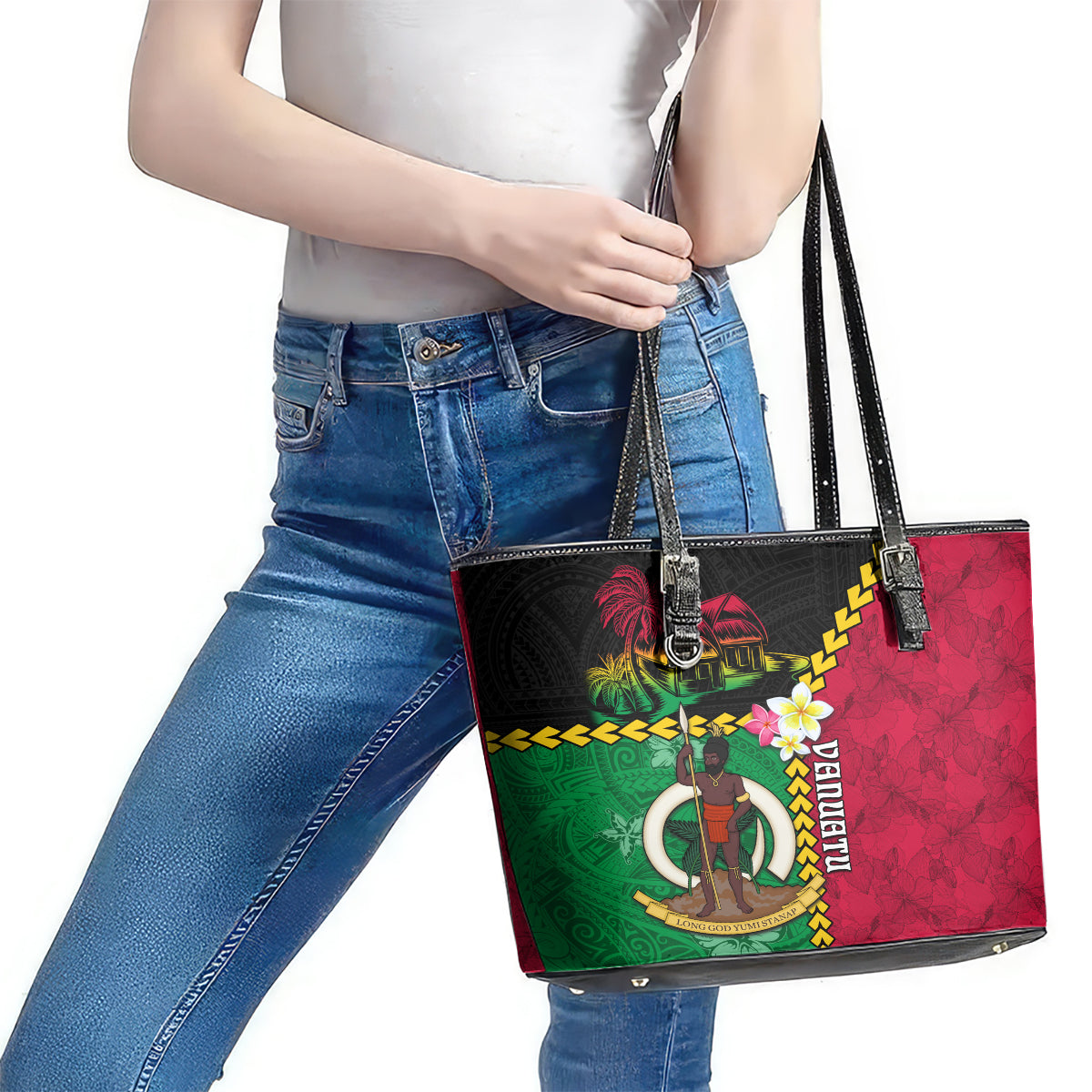 Vanuatu Nakamal and Plumeria Flowers Leather Tote Bag Polynesian Pattern LT03 - Polynesian Pride