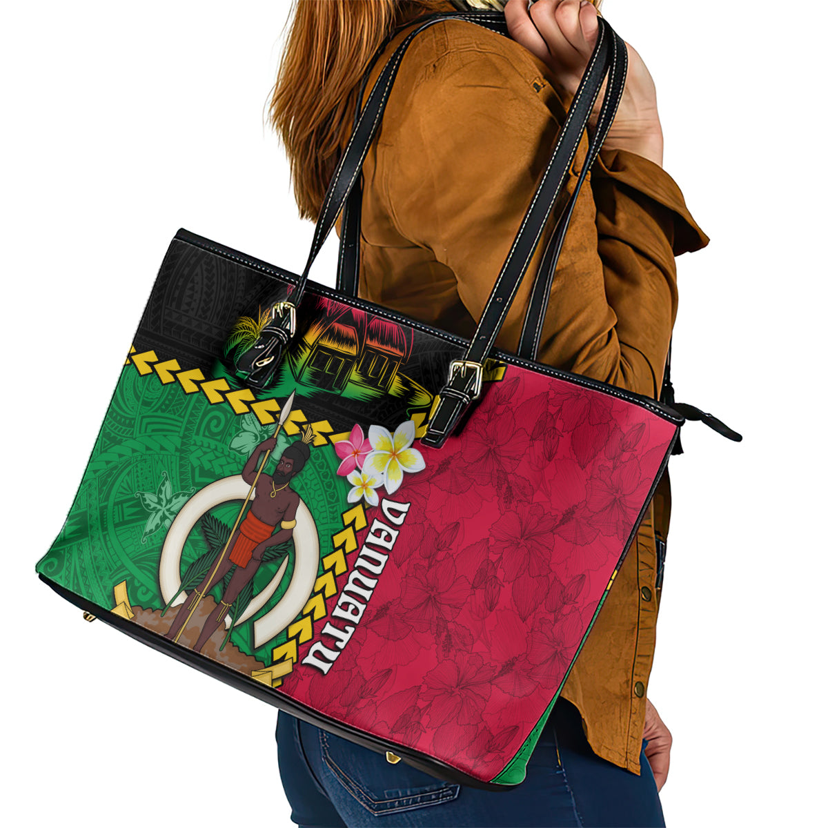 Vanuatu Nakamal and Plumeria Flowers Leather Tote Bag Polynesian Pattern LT03 - Polynesian Pride