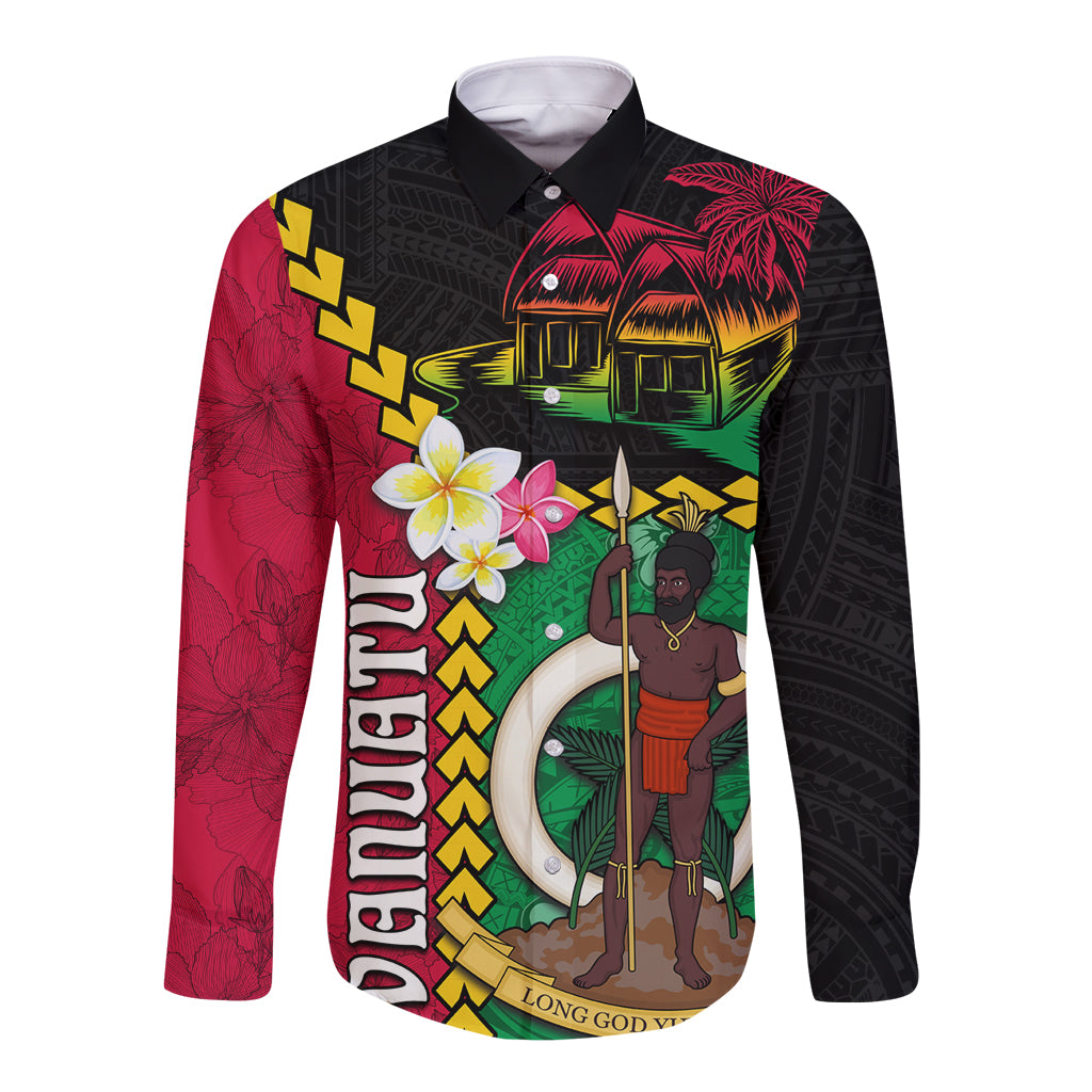 Vanuatu Nakamal and Plumeria Flowers Long Sleeve Button Shirt Polynesian Pattern