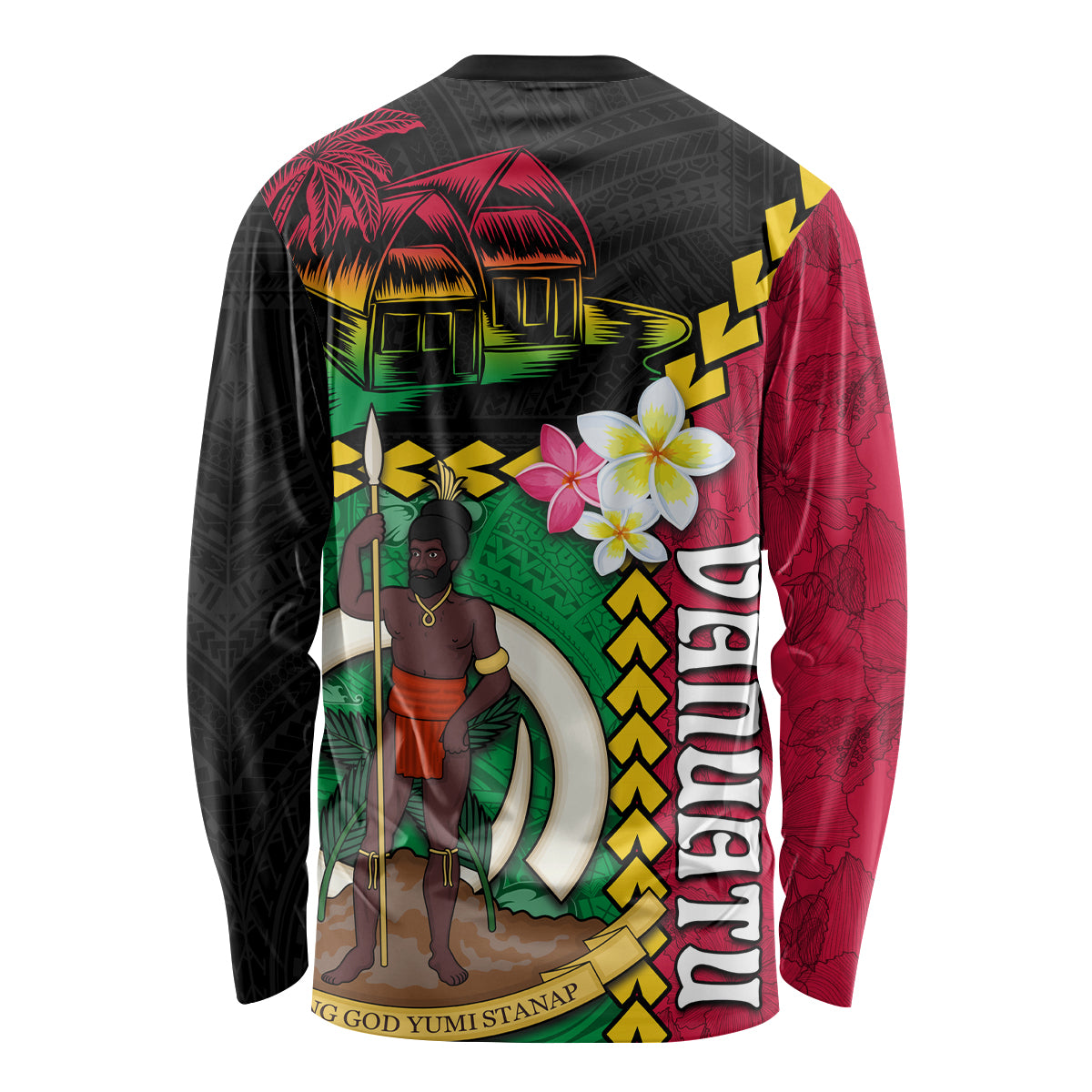 Vanuatu Nakamal and Plumeria Flowers Long Sleeve Shirt Polynesian Pattern