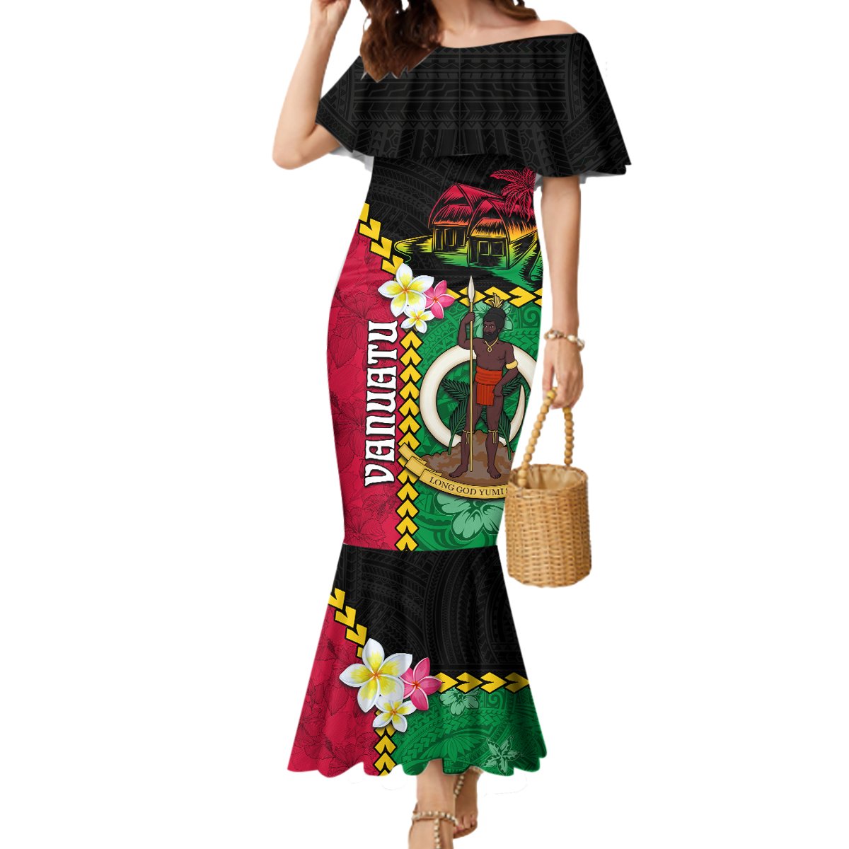Vanuatu Nakamal and Plumeria Flowers Mermaid Dress Polynesian Pattern LT03 Women Black - Polynesian Pride