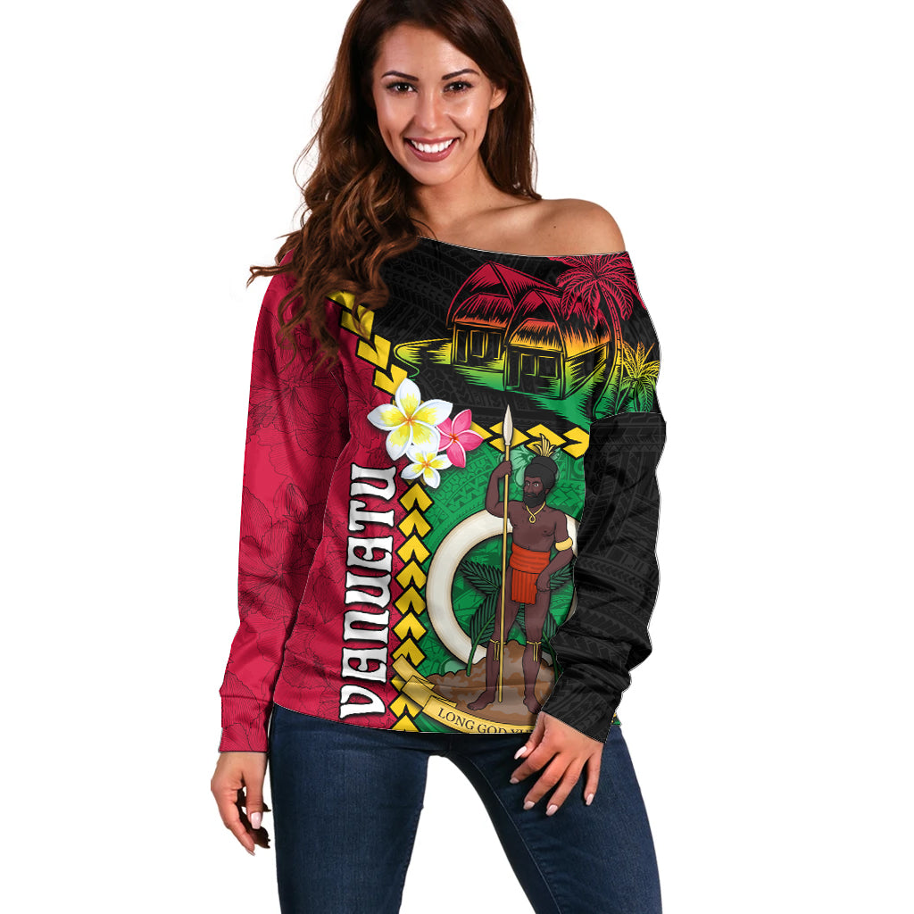 Vanuatu Nakamal and Plumeria Flowers Off Shoulder Sweater Polynesian Pattern LT03 Women Black - Polynesian Pride