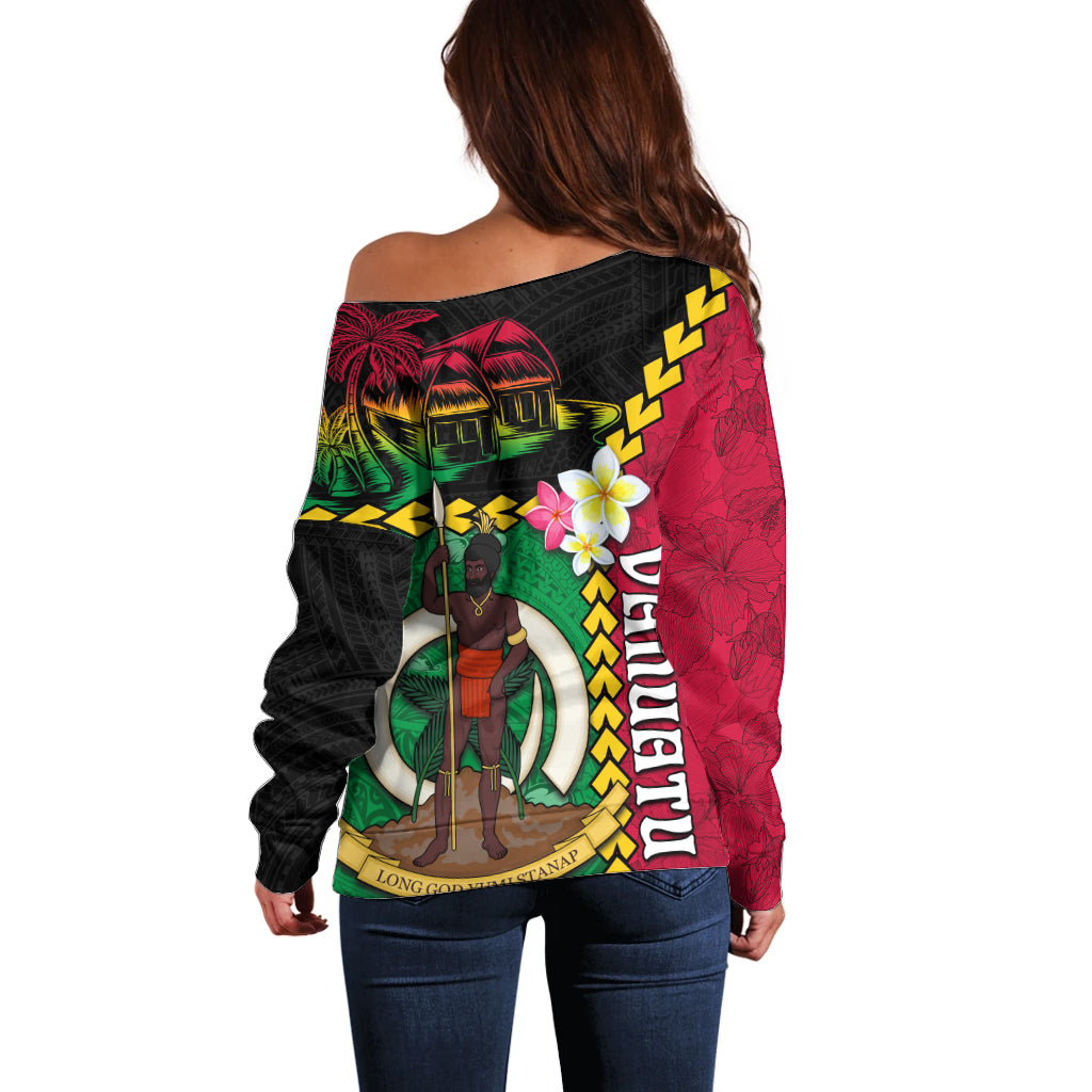 Vanuatu Nakamal and Plumeria Flowers Off Shoulder Sweater Polynesian Pattern