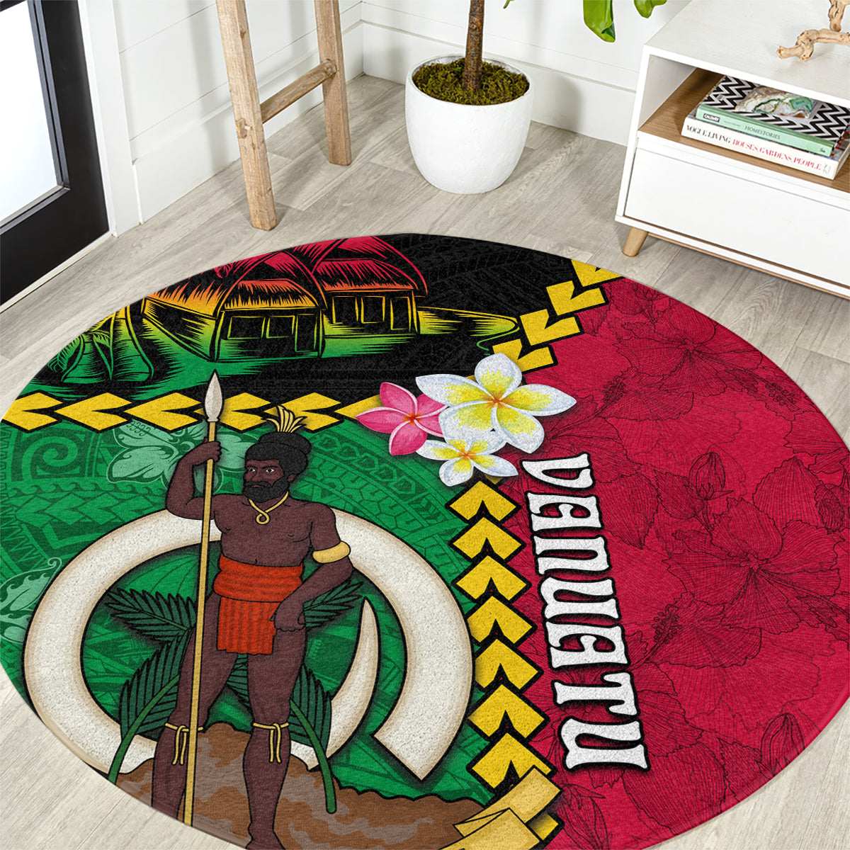 Vanuatu Nakamal and Plumeria Flowers Round Carpet Polynesian Pattern LT03 Black - Polynesian Pride