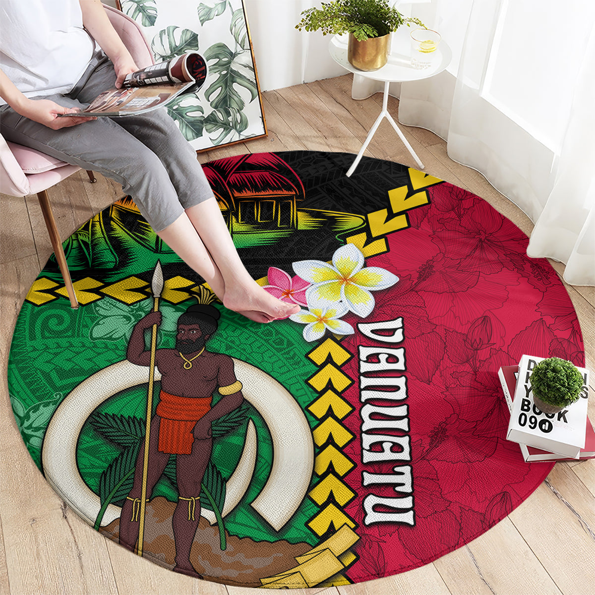 Vanuatu Nakamal and Plumeria Flowers Round Carpet Polynesian Pattern LT03 - Polynesian Pride