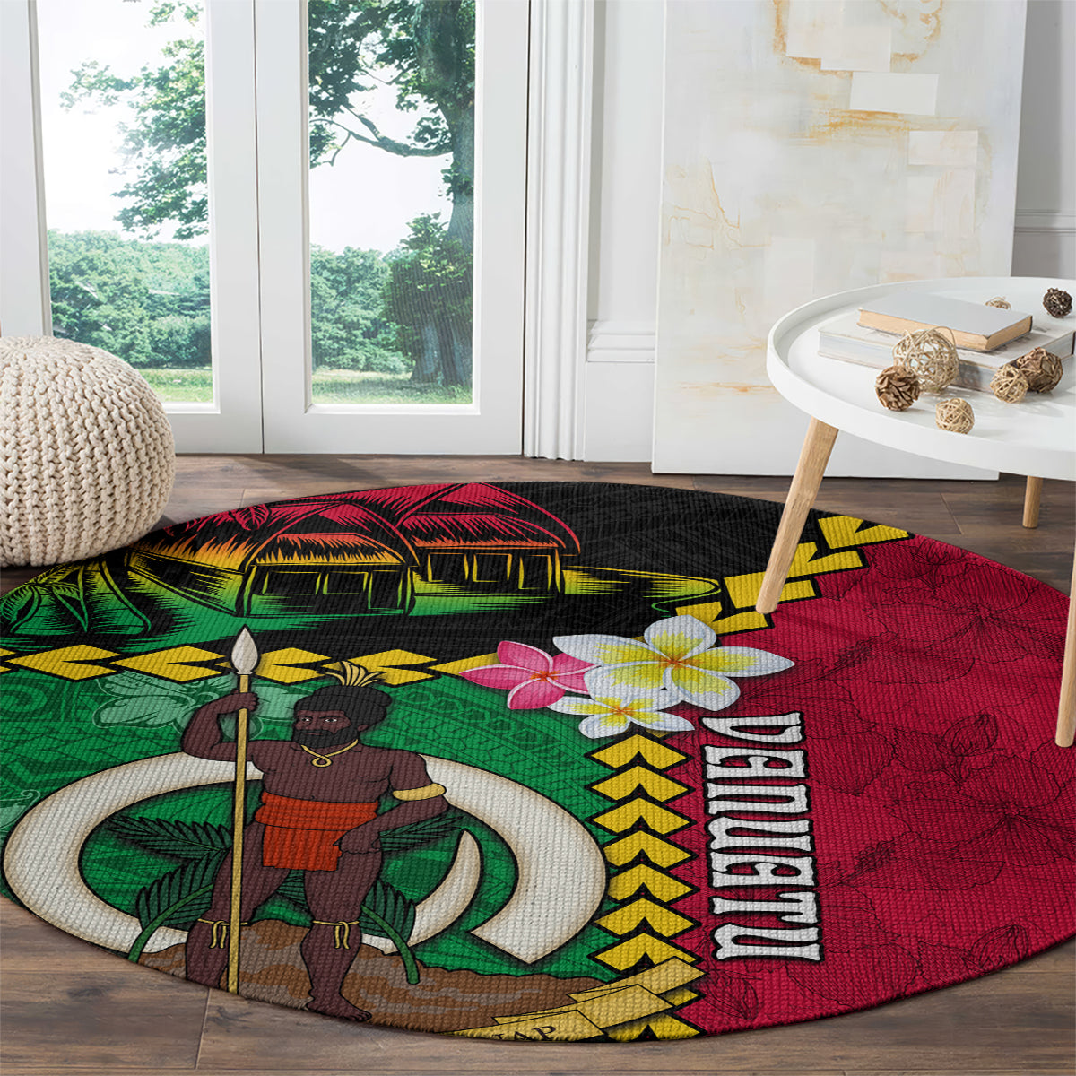 Vanuatu Nakamal and Plumeria Flowers Round Carpet Polynesian Pattern LT03 - Polynesian Pride
