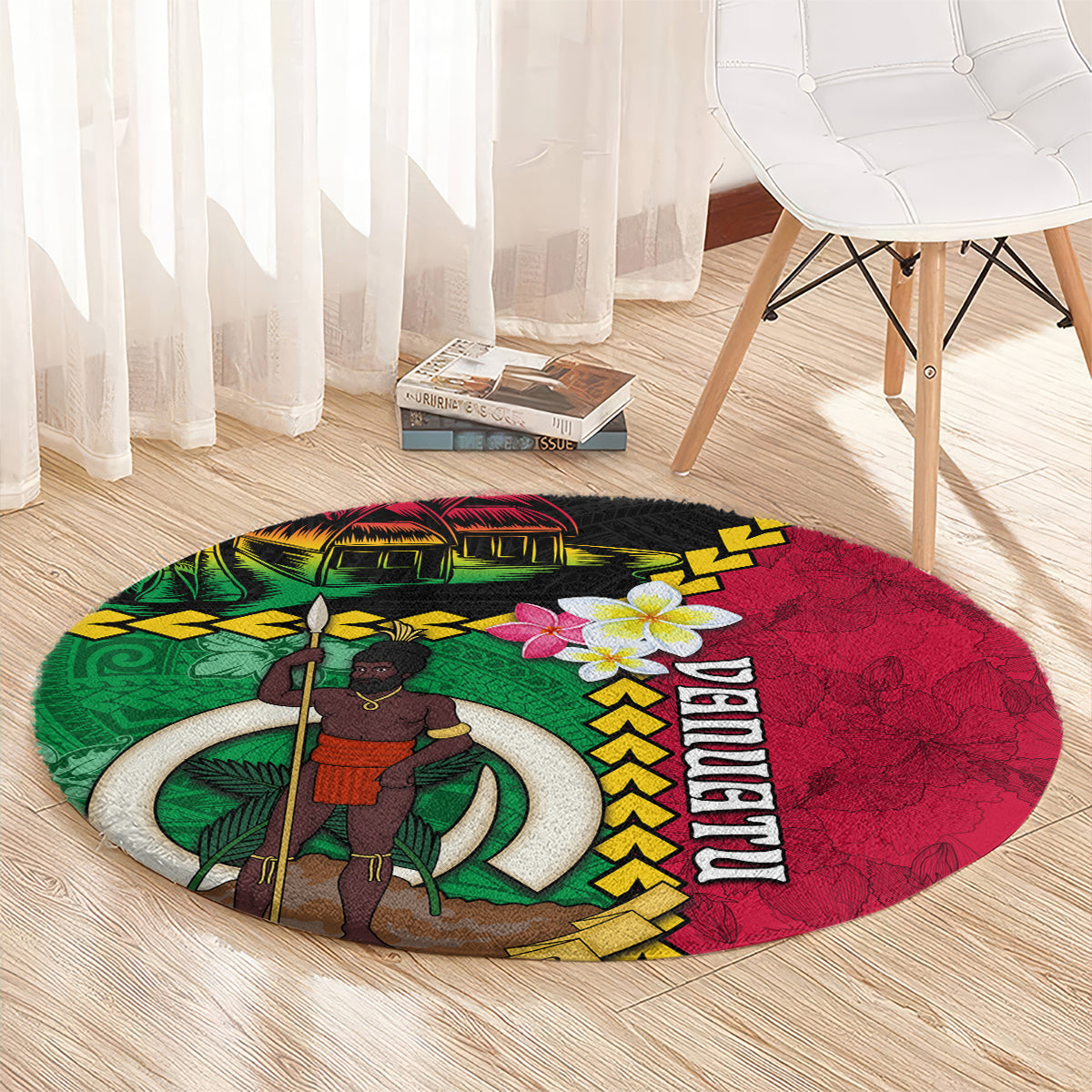 Vanuatu Nakamal and Plumeria Flowers Round Carpet Polynesian Pattern LT03 - Polynesian Pride