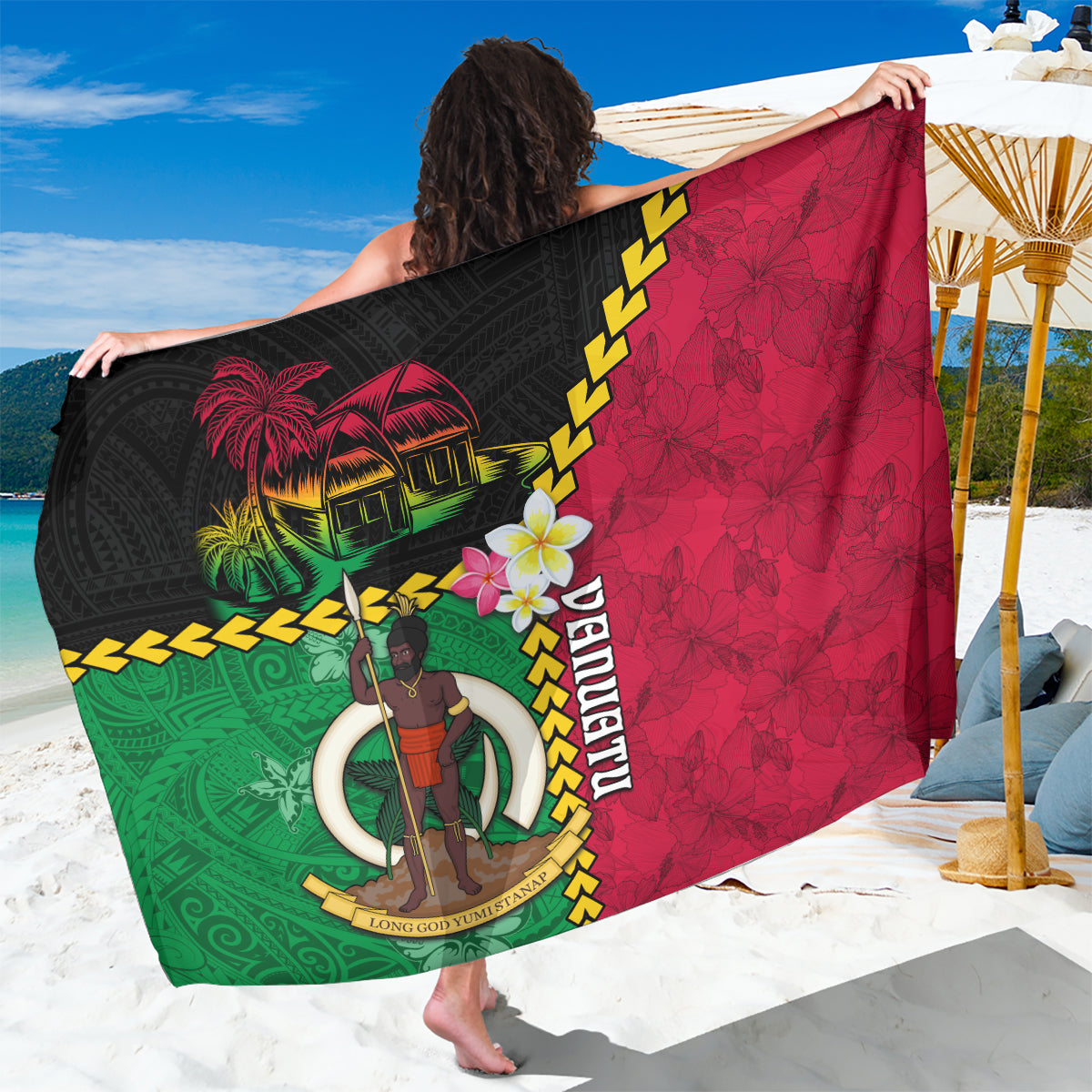 Vanuatu Nakamal and Plumeria Flowers Sarong Polynesian Pattern