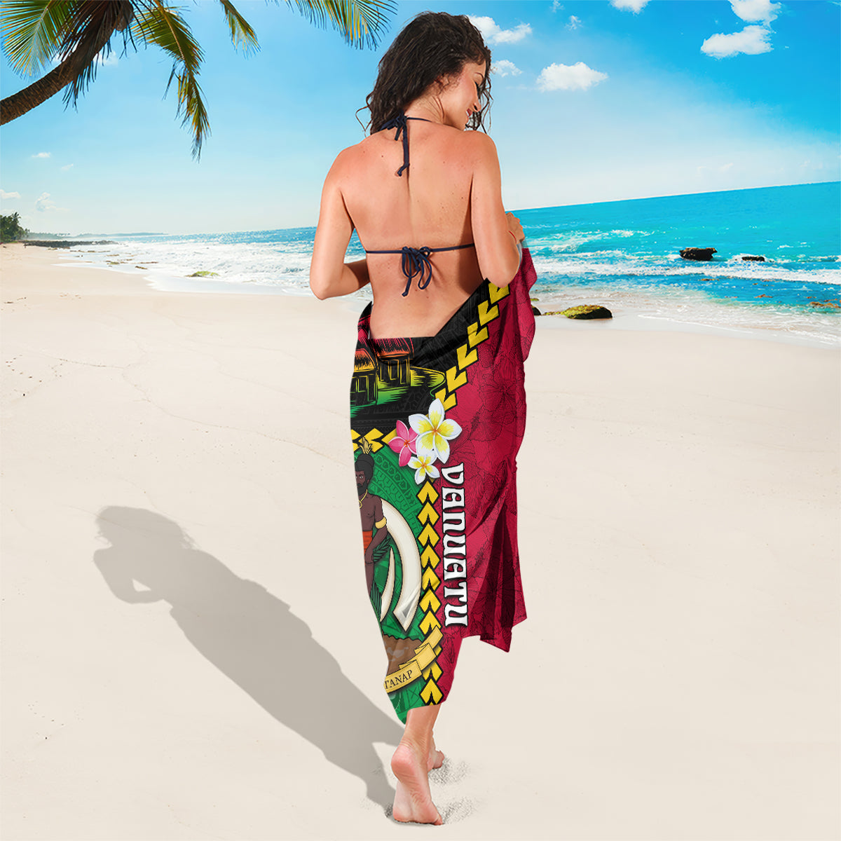 Vanuatu Nakamal and Plumeria Flowers Sarong Polynesian Pattern