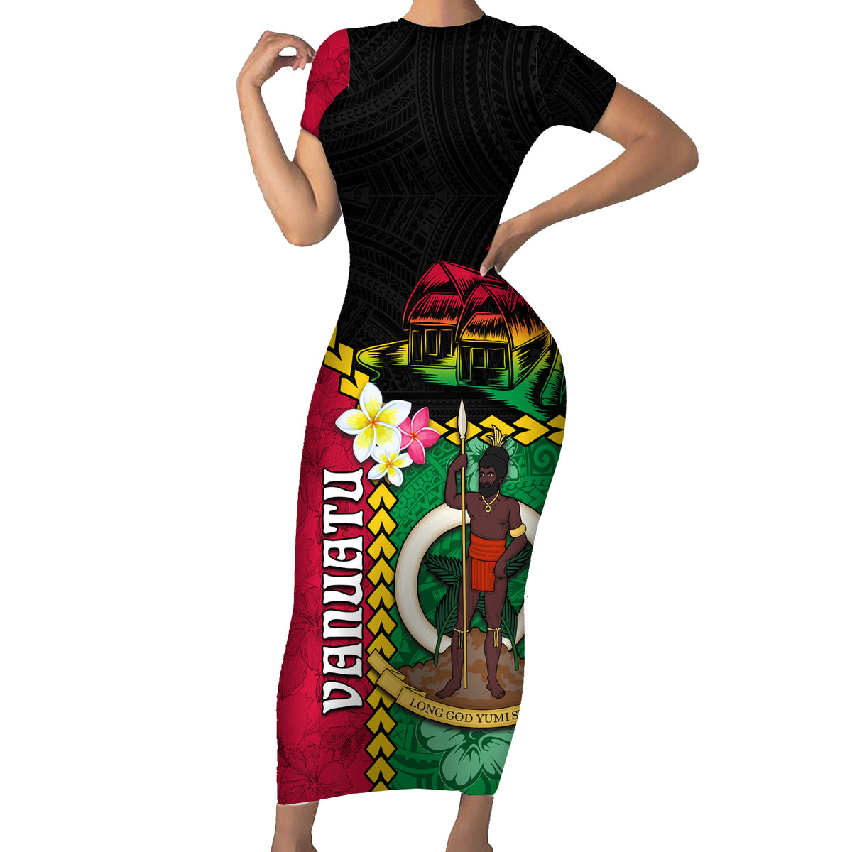 Vanuatu Nakamal and Plumeria Flowers Short Sleeve Bodycon Dress Polynesian Pattern LT03 Long Dress Black - Polynesian Pride
