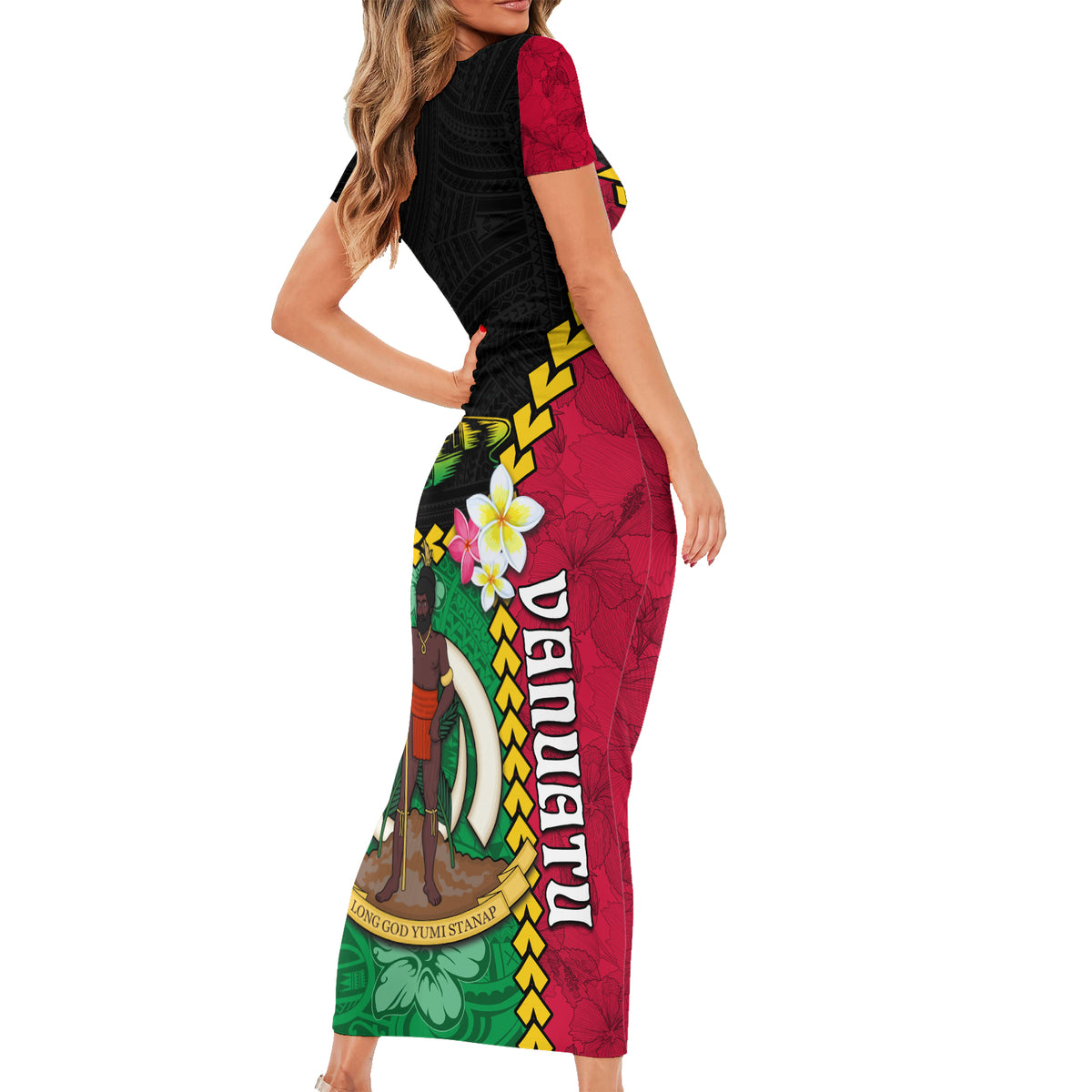Vanuatu Nakamal and Plumeria Flowers Short Sleeve Bodycon Dress Polynesian Pattern LT03 - Polynesian Pride