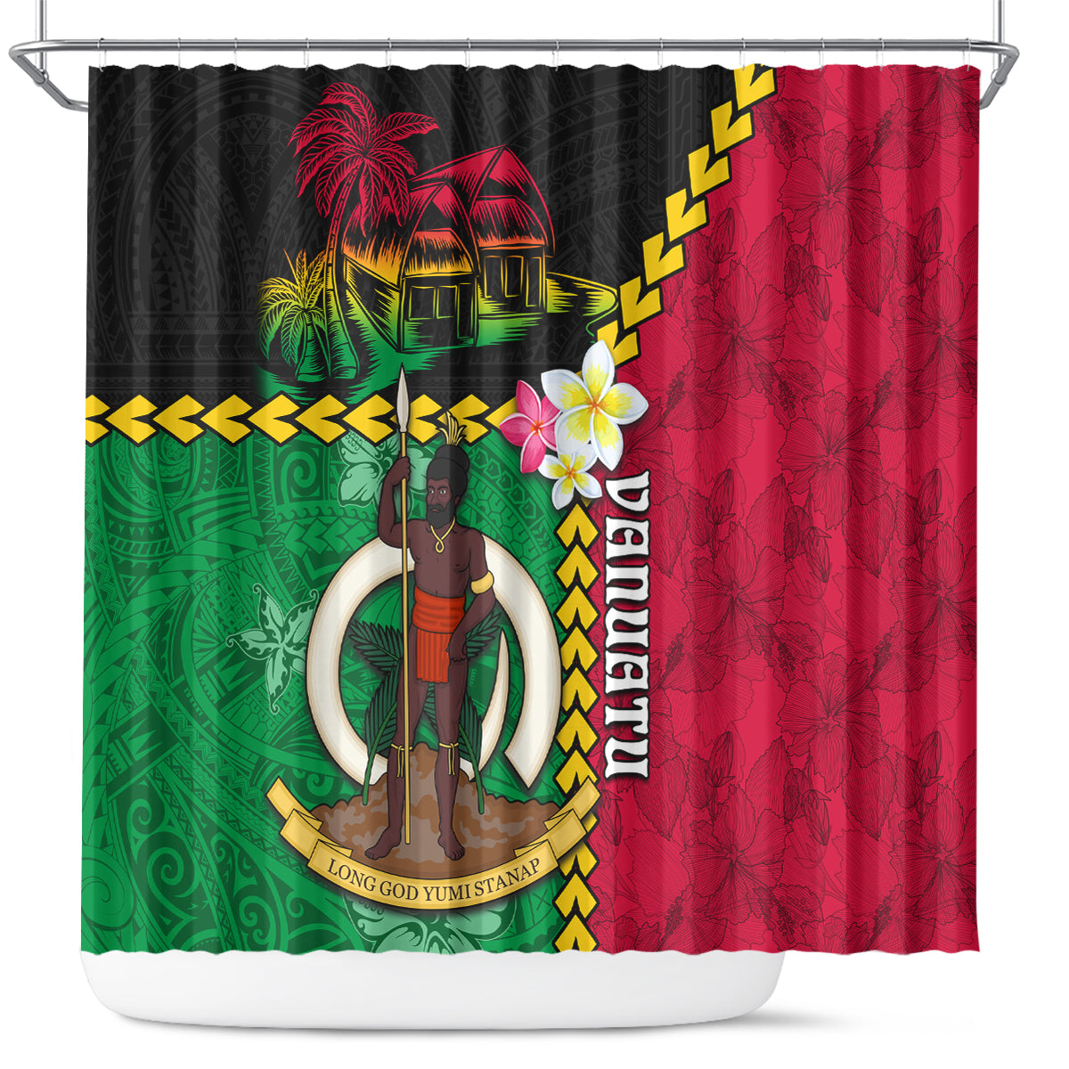 Vanuatu Nakamal and Plumeria Flowers Shower Curtain Polynesian Pattern LT03 Black - Polynesian Pride