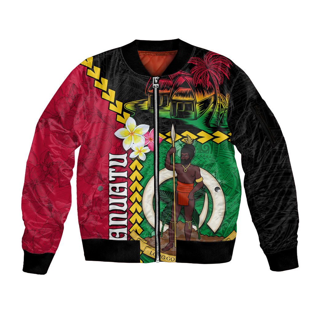 Vanuatu Nakamal and Plumeria Flowers Sleeve Zip Bomber Jacket Polynesian Pattern LT03 Unisex Black - Polynesian Pride