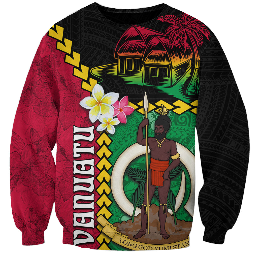 Vanuatu Nakamal and Plumeria Flowers Sweatshirt Polynesian Pattern LT03 Unisex Black - Polynesian Pride