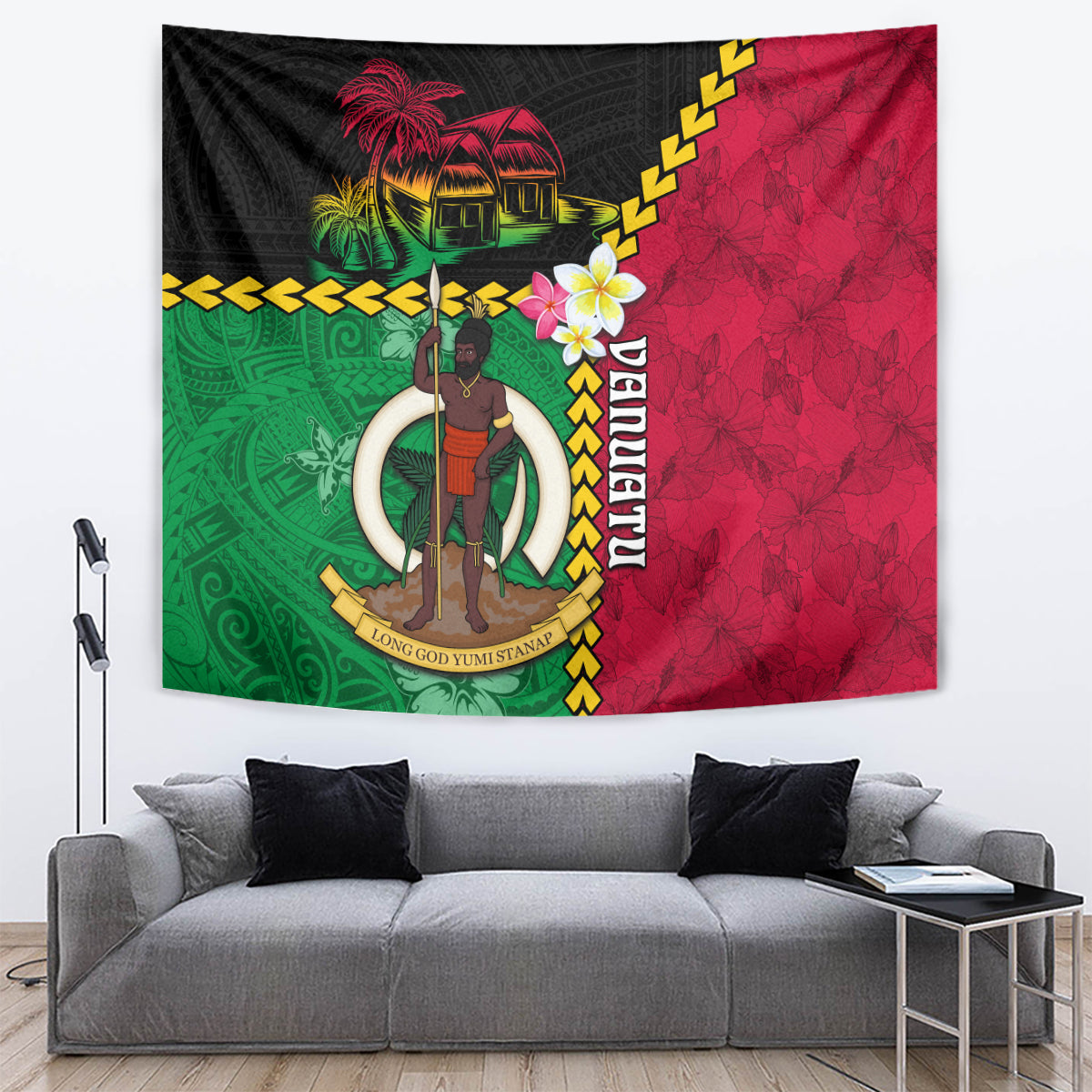Vanuatu Nakamal and Plumeria Flowers Tapestry Polynesian Pattern LT03 Black - Polynesian Pride