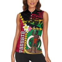 Vanuatu Nakamal and Plumeria Flowers Women Sleeveless Polo Shirt Polynesian Pattern