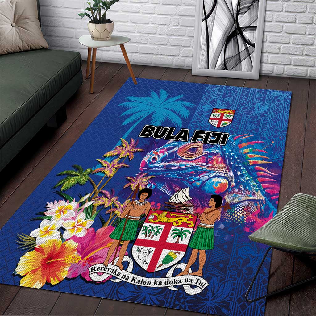 Fiji Bula Area Rug Tropical Plants with Palm Tree and Iguana Colorful