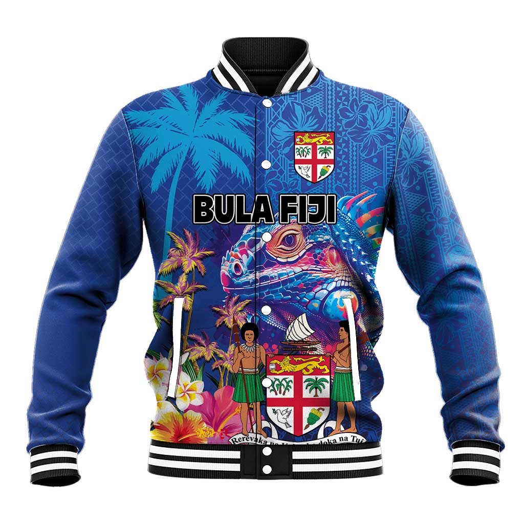 Fiji Bula Baseball Jacket Tropical Plants with Palm Tree and Iguana Colorful