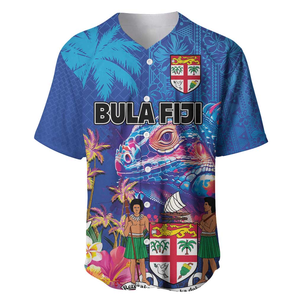 Fiji Bula Baseball Jersey Tropical Plants with Palm Tree and Iguana Colorful