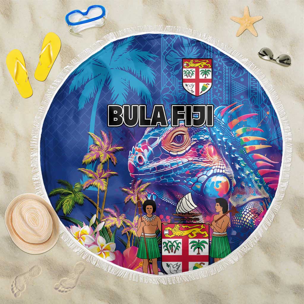 Fiji Bula Beach Blanket Tropical Plants with Palm Tree and Iguana Colorful