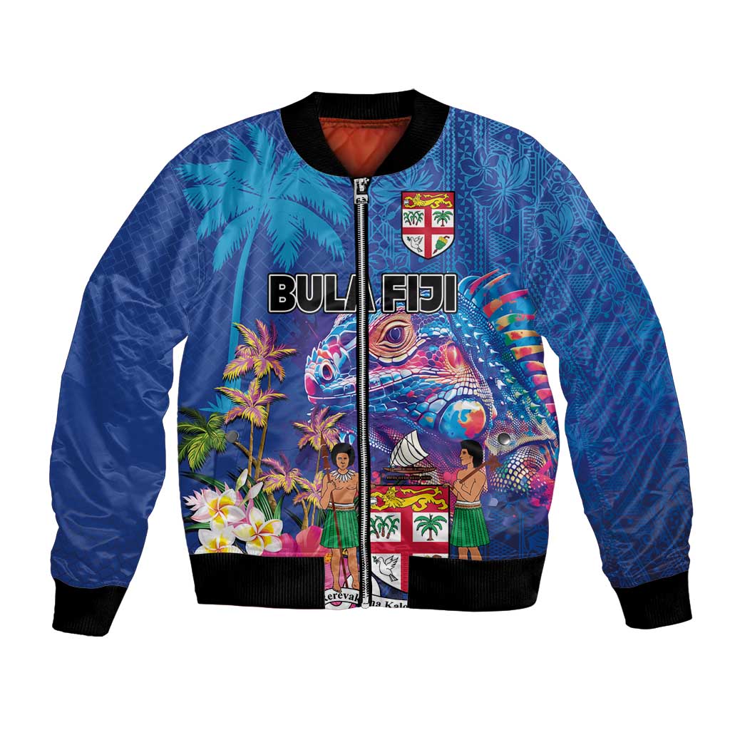 Fiji Bula Bomber Jacket Tropical Plants with Palm Tree and Iguana Colorful LT03 Unisex Blue - Polynesian Pride