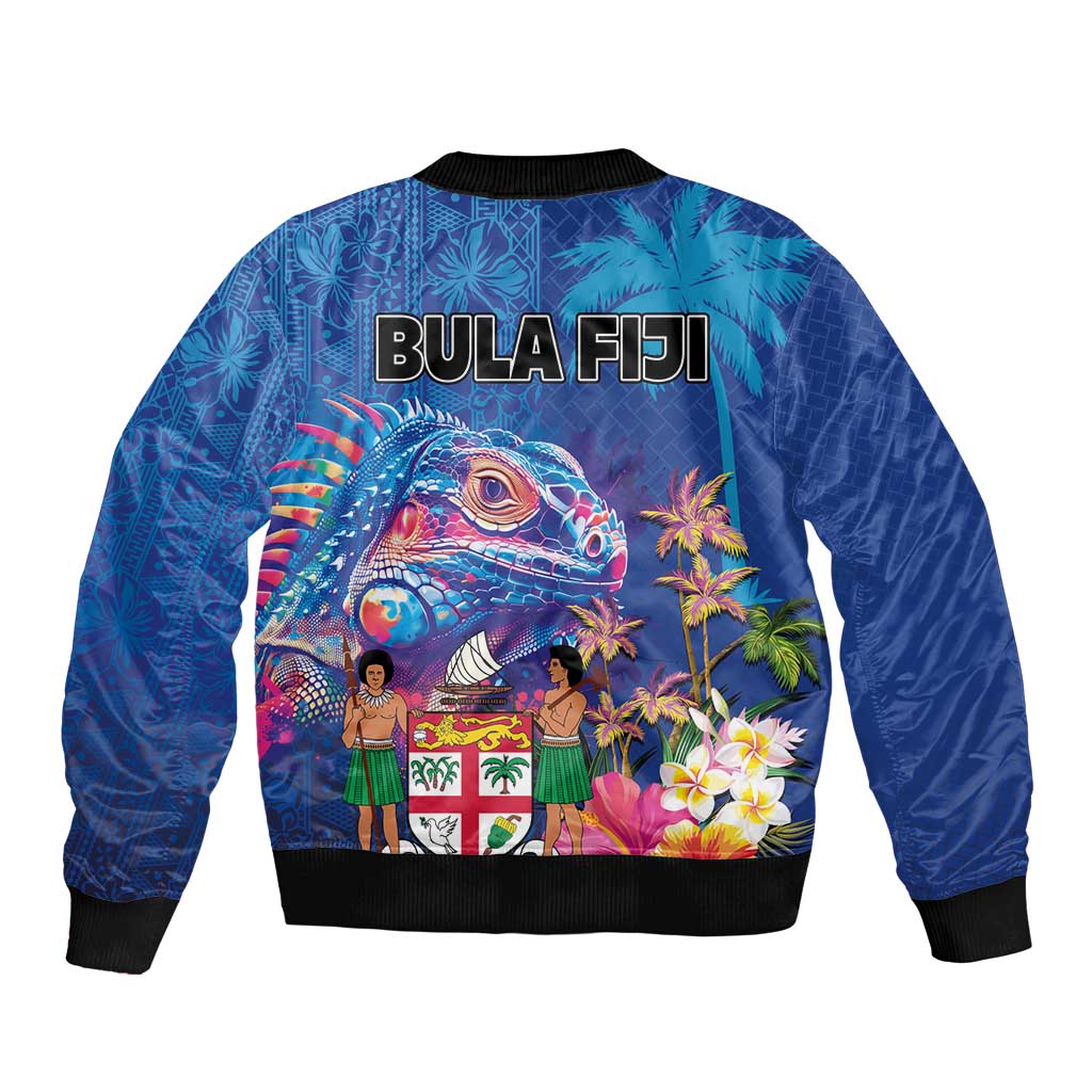 Fiji Bula Bomber Jacket Tropical Plants with Palm Tree and Iguana Colorful LT03 - Polynesian Pride