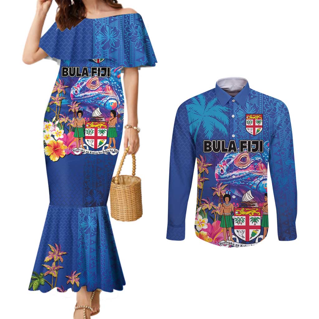 Fiji Bula Couples Matching Mermaid Dress and Long Sleeve Button Shirt Tropical Plants with Palm Tree and Iguana Colorful