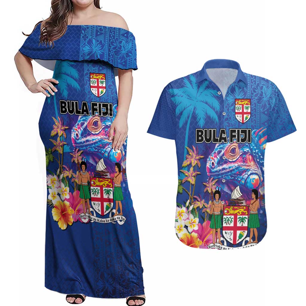 Fiji Bula Couples Matching Off Shoulder Maxi Dress and Hawaiian Shirt Tropical Plants with Palm Tree and Iguana Colorful