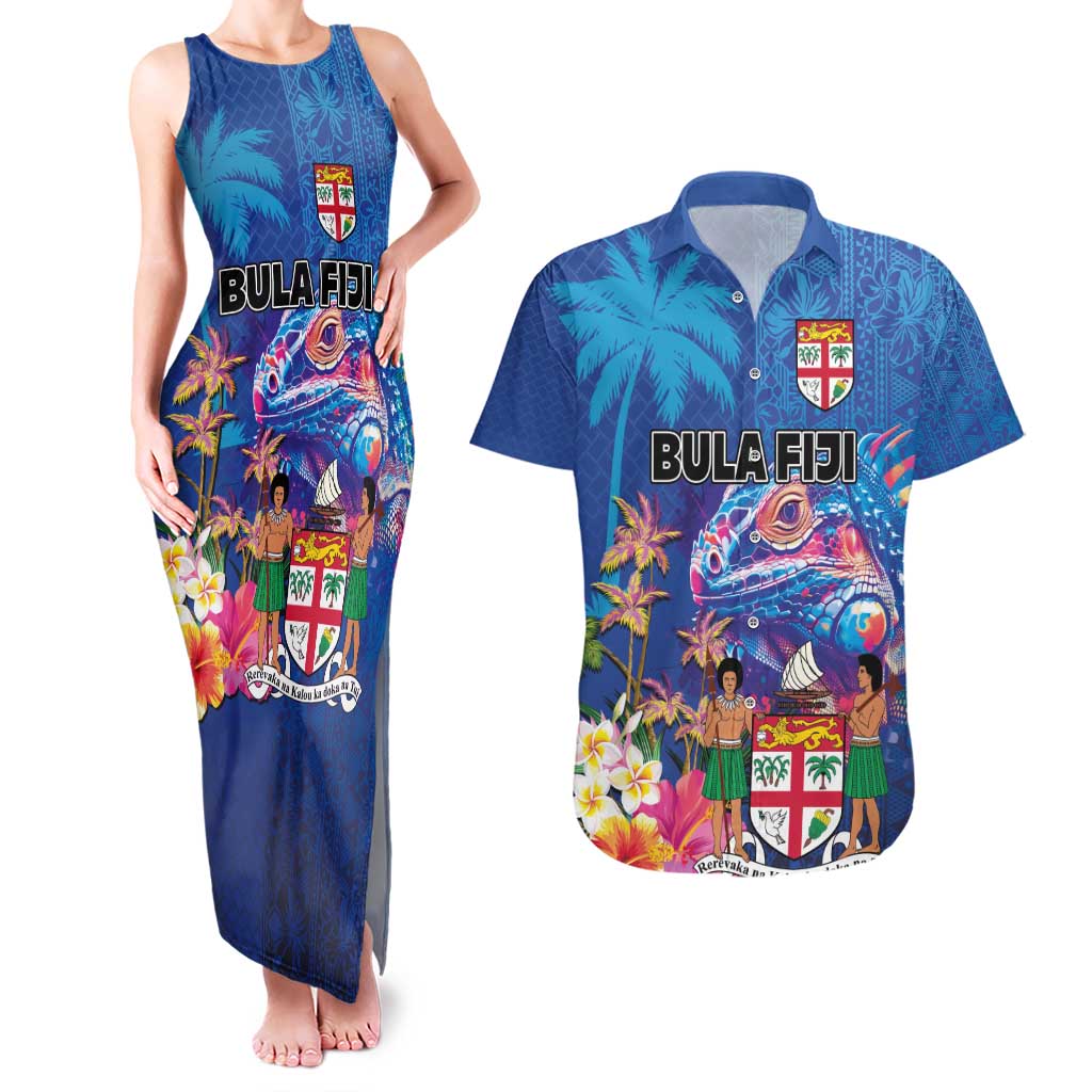 Fiji Bula Couples Matching Tank Maxi Dress and Hawaiian Shirt Tropical Plants with Palm Tree and Iguana Colorful