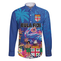 Fiji Bula Family Matching Long Sleeve Bodycon Dress and Hawaiian Shirt Tropical Plants with Palm Tree and Iguana Colorful