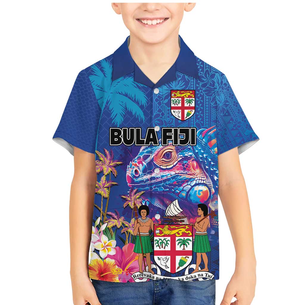 Fiji Bula Family Matching Mermaid Dress and Hawaiian Shirt Tropical Plants with Palm Tree and Iguana Colorful