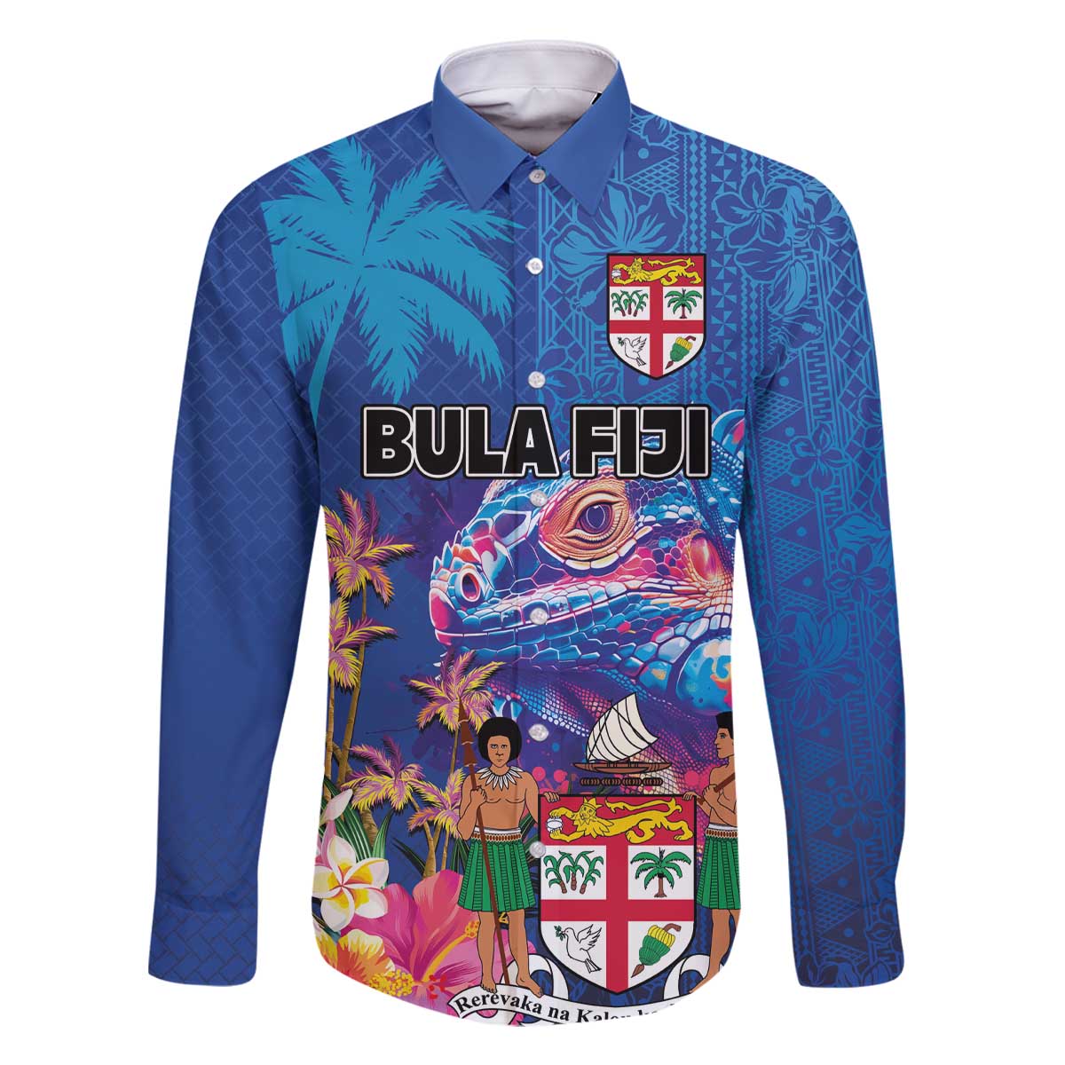 Fiji Bula Family Matching Off The Shoulder Long Sleeve Dress and Hawaiian Shirt Tropical Plants with Palm Tree and Iguana Colorful