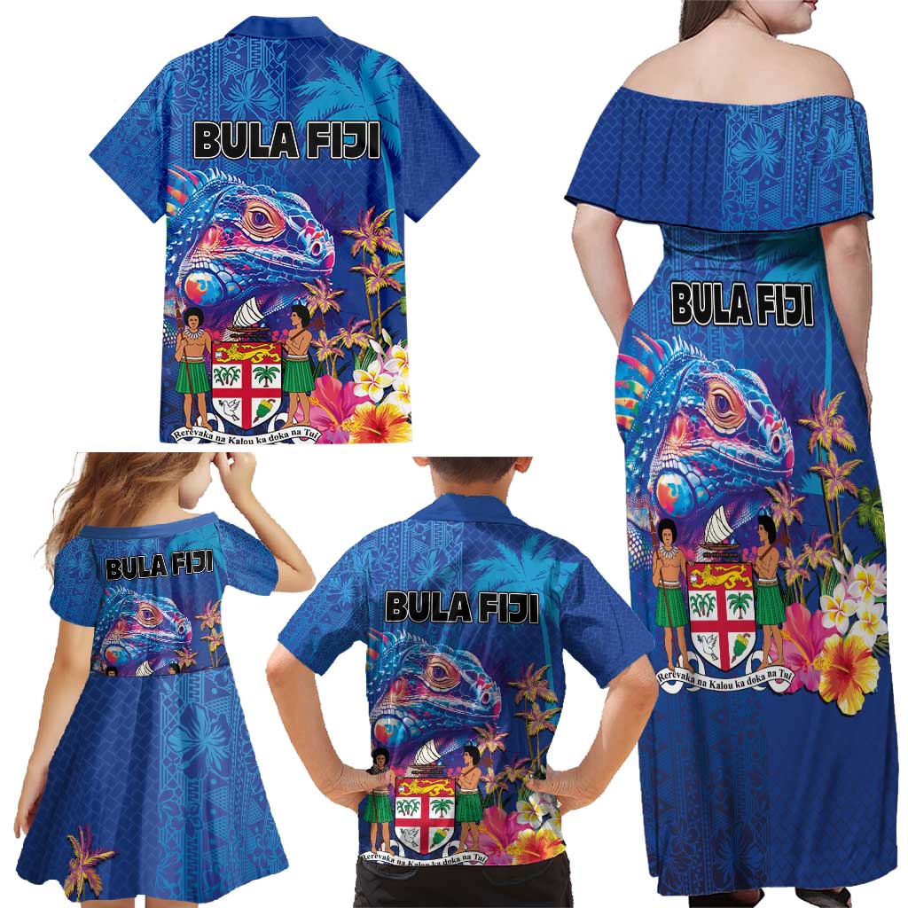 Fiji Bula Family Matching Off Shoulder Maxi Dress and Hawaiian Shirt Tropical Plants with Palm Tree and Iguana Colorful