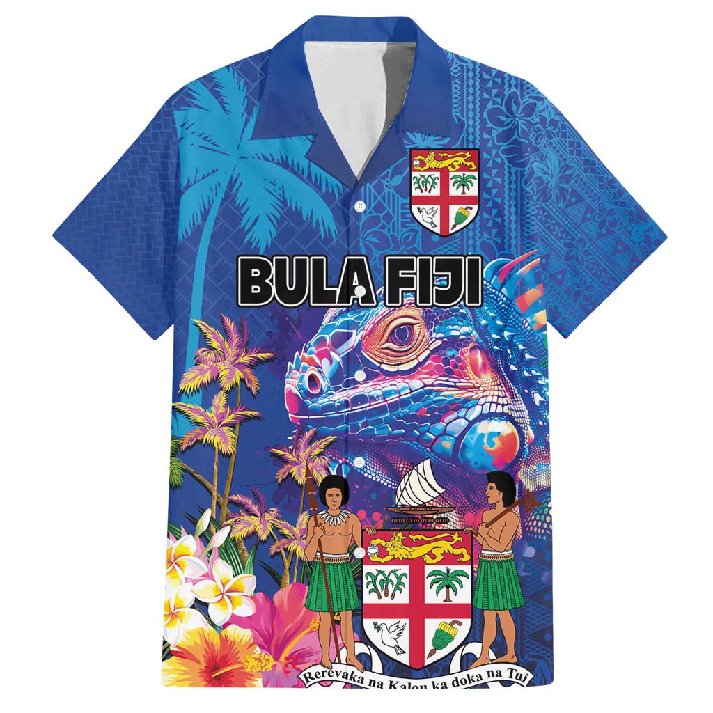 Fiji Bula Family Matching Off Shoulder Maxi Dress and Hawaiian Shirt Tropical Plants with Palm Tree and Iguana Colorful