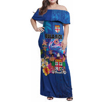 Fiji Bula Family Matching Off Shoulder Maxi Dress and Hawaiian Shirt Tropical Plants with Palm Tree and Iguana Colorful