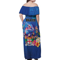 Fiji Bula Family Matching Off Shoulder Maxi Dress and Hawaiian Shirt Tropical Plants with Palm Tree and Iguana Colorful