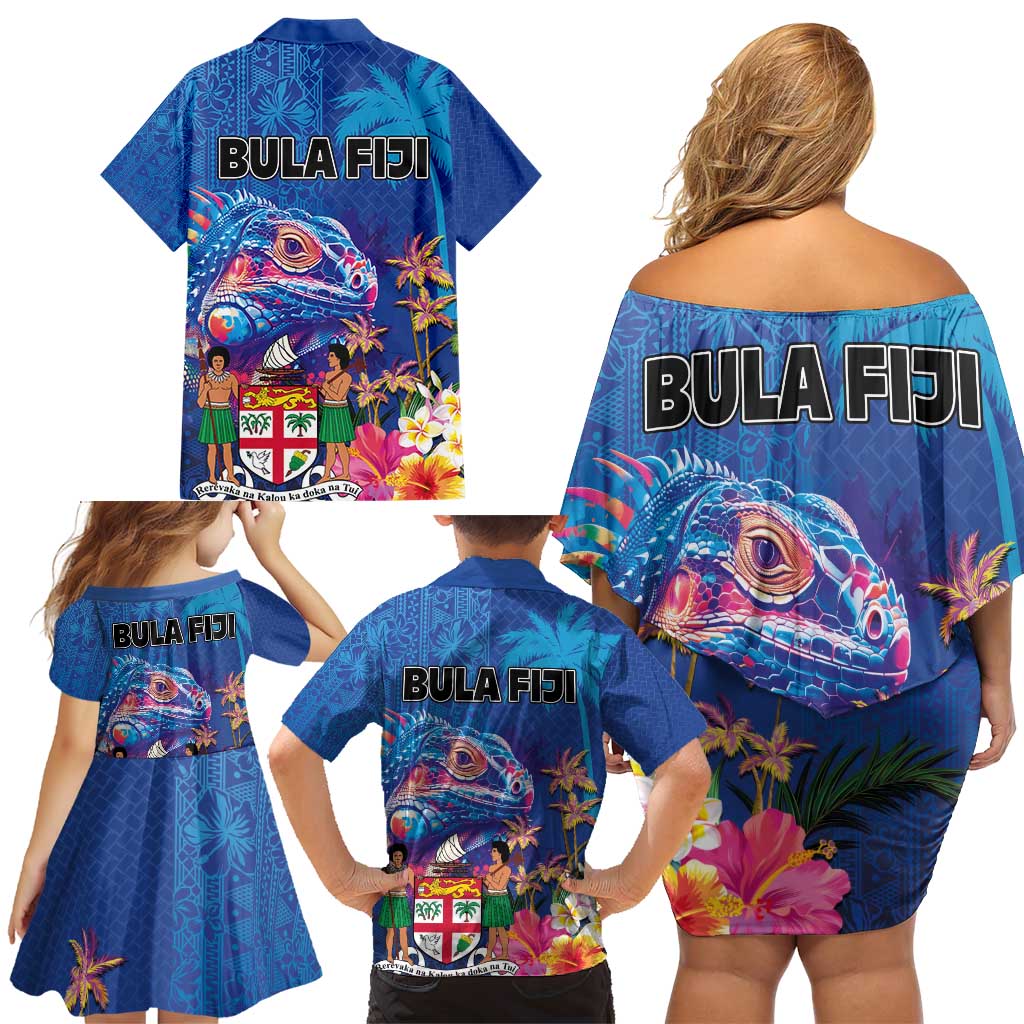 Fiji Bula Family Matching Off Shoulder Short Dress and Hawaiian Shirt Tropical Plants with Palm Tree and Iguana Colorful