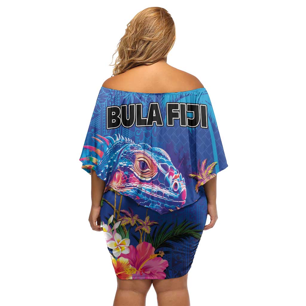 Fiji Bula Family Matching Off Shoulder Short Dress and Hawaiian Shirt Tropical Plants with Palm Tree and Iguana Colorful
