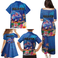 Fiji Bula Family Matching Puletasi and Hawaiian Shirt Tropical Plants with Palm Tree and Iguana Colorful